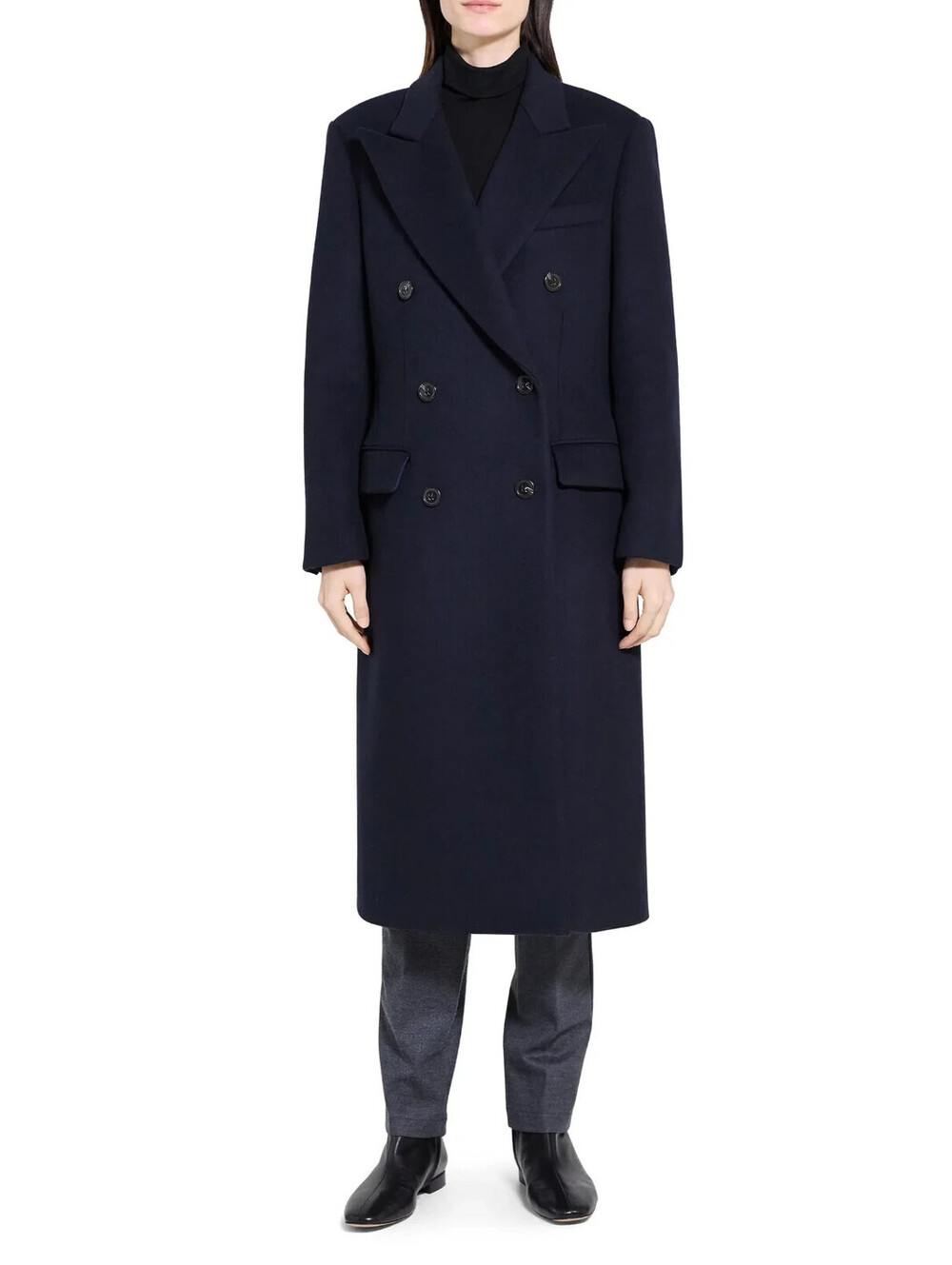 NEW, Theory Peak Lapel Double Breasted Wool Blend Coat in Navy Sz P #W214